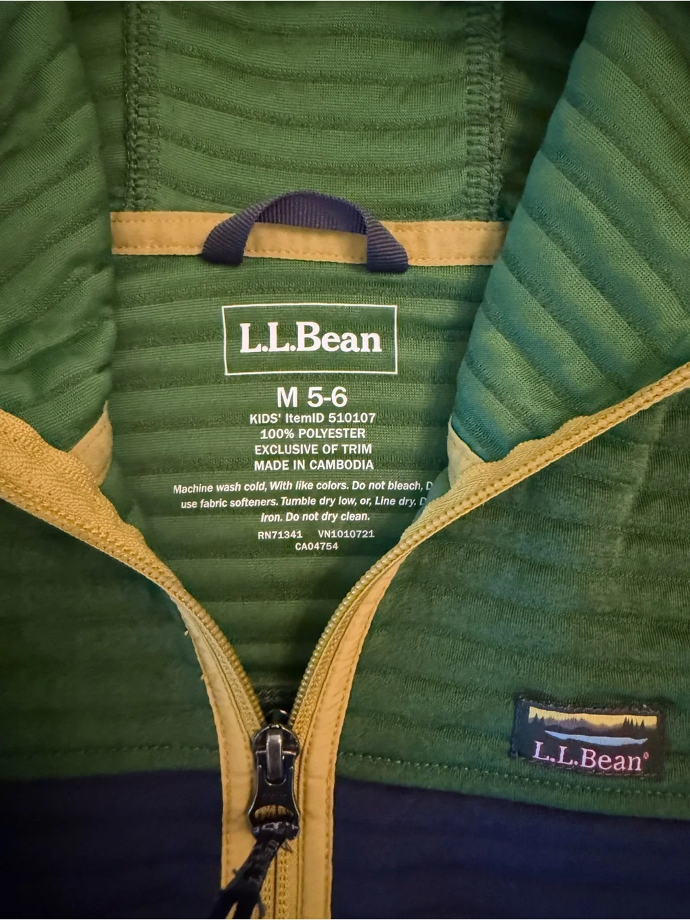 L.L. Bean Green & Navy Hooded Quilted Zip Jacket with Yellow Trim